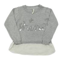 Stříbrný svetr s nápisem z flitrů a šifonem Yd. 