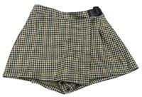 Světlebéžovo-čierno-hnedé kockované úpletové kraťasy so sukní a přezkou Matalan