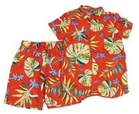 2Set - Červená košeľa s listami a květy + plážové kraťasy zn. Primark
