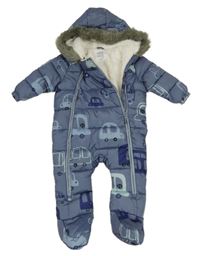 Tmavomodrošedá prešívaná šušťáková zimná kombinéza s autami a kapucňou F&F