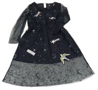 Černé tylové šaty s hvězdičkami a obrázky s flitry H&M