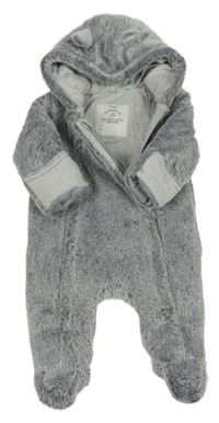 Sivo-biela chlpatá zateplená kombinéza s kapucňou s uškami George