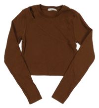Tmavohnědé žebrované crop triko s průstřihem Candy Couture