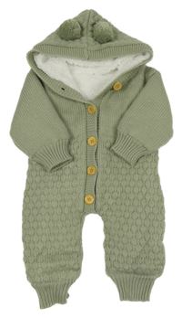 Olivová vzorovaná pletená zateplená kombinéza s kapucňou s bambulkami