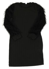 Čierne rebrované úpletové šaty s chlpatymi trblietavymi rukávy SHEIN