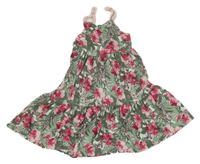 Bílo-khaki letné šaty s lístečky a kvetmi a motýlikmi dopodopo