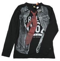 Nové - černé triko s tištěnou riflovou vestou a kravatou Chapter young