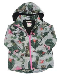 Šedá květovaná šusťáková podzimní bunda s leopardy a kapucí H&M