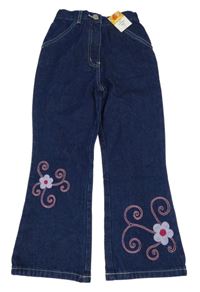 Nové - Tmavomodré bootleg rifle s výšivkami květin Adams