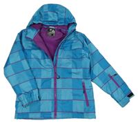 Modrá kostkovaná šusťáková zimní bunda s kapucí
