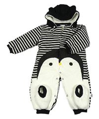 Černo-bílá pruhovaná zateplená kombinéza s tučňákem a kapucí