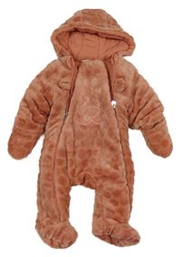 Starorůžová vzorovaná chlupatá zateplená kombinéza s čumákem a kapucí