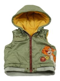 Khaki-army šušťáková zateplená vesta s kapucňou a Tigrom George
