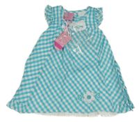 Nové - Azurovo-bílé kostkované třpytivé šaty s květinami