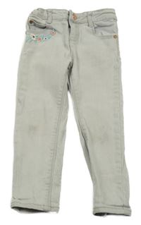 Šedé skinny rifle s výšivkami květin