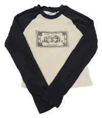 Béžovo-čierne rebrované crop tričko s potiskem - Harry Potter H&M