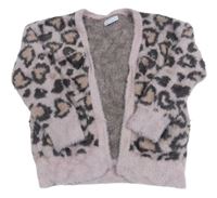 Starorůžovo-šedý leopardí chlupatý pletený cardigan Matalan