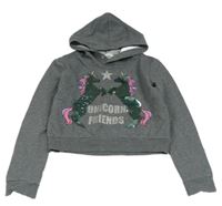 Sivá crop mikina s jednorožci z flitrů a kapucňou H&M