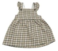 Smetanovo-šedo-růžové kostkované vlněné laclové šaty F&F