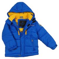 Modrá šusťáková zimní bunda s nápisem a kapucí