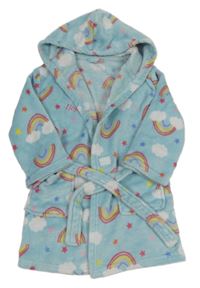 Svetlomodrý chlpatý župan s duhami a kapucňou