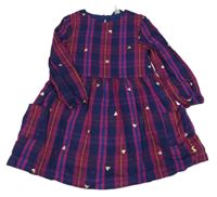 Růžovo-tmavomodré kostkované šaty se zlatými srdíčky Joules