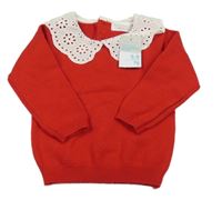 Nové - červený lehký svetr s bílým madeirovým límečkem Primark