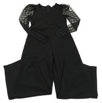 Čierny spoločenský nohavicový overal s tylovymi rukávy shein