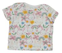 Biele kvetované tričko s králikmi a duhami F&F