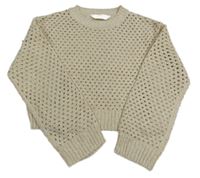 Béžovo-biely melírovaný perforovaný crop sveter H&M