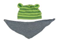 2set -Zelená pruhovaná mikina s oušky + tmavomodrý vzorovaný slinták