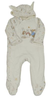 Bielo-sivá zateplená bavlnená kombinéza s pruhmi a králíčky a kapucňou s uškami