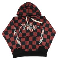 Vínovo-čierna kockovaná mikina s nápisom a kapucňou