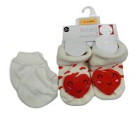 Nové - 2set - bílé rukavice + smetanovo-červené ponožky se srdíčky 