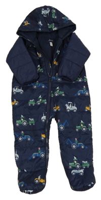Tmavomodrá šusťáková zimní kombinéza s traktory a kapucí Joules