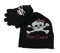 2set - Černá čepice s lebkou s mašlí + černé prstové rukavice s lebkou 