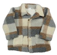 Svetlošedá -smetanovo-hnedá kockovaná huňatá košeľová zateplená bunda F&F