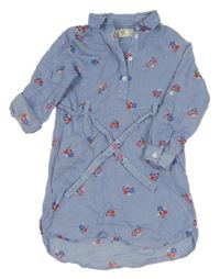 Modro-biele pruhované kvetované košeľové šaty s opaskom H&M