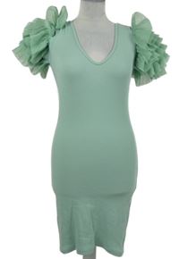 Dámské mátové žebrované šaty s tylovými volánky 