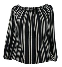 Dámska čierno-bielo-ružová pruhovaná blúzka s lodičkovým výstřihem Amisu