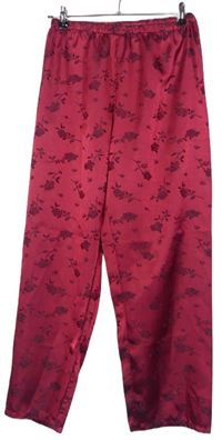 Dámske tmavočervené kvetované saténové pyžamové nohavice