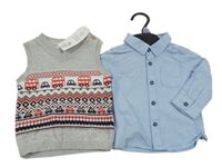 Nové - 2set- modrá košile+ šedá vzorovaná pletená vesta F&F