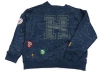 Tmavomodrá vzorovaná mikina s nášivkami a písmenem - Harry Potter