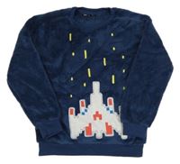 Tmavomodrá chlpatá mikina so stíhačkou