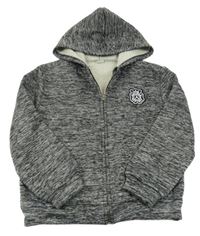 Šedo-černá žíhaná propínací zateplená mikina s nášivkou a kapucí Shein