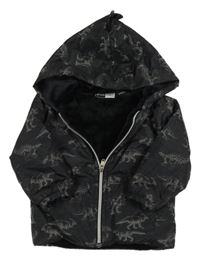 Černá šusťáková zateplená bunda s dinosaury a kapucí 