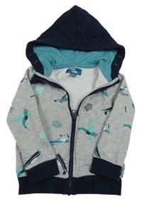 Sivo-tmavomodrá prepínaci mikina s lietadly a kapucňou Pocopiano