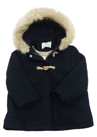 Tmavomodrý vlnený zateplený zateplený kabát s kapucňou Zara