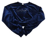 Tmavomodrá zamatová crop mikina s nápisem z kamínků Shein