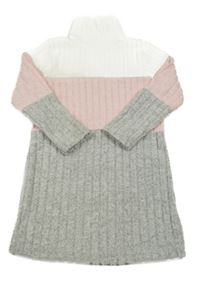 Sivo-svetloružová -biele rebrované úpletové šaty s rolákom